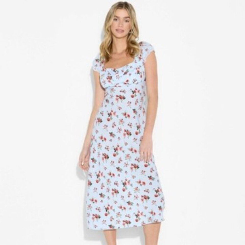 Wild Fable Light Blue Floral Babydoll Midi Dress Sz S Lace Trim Coquette NWT